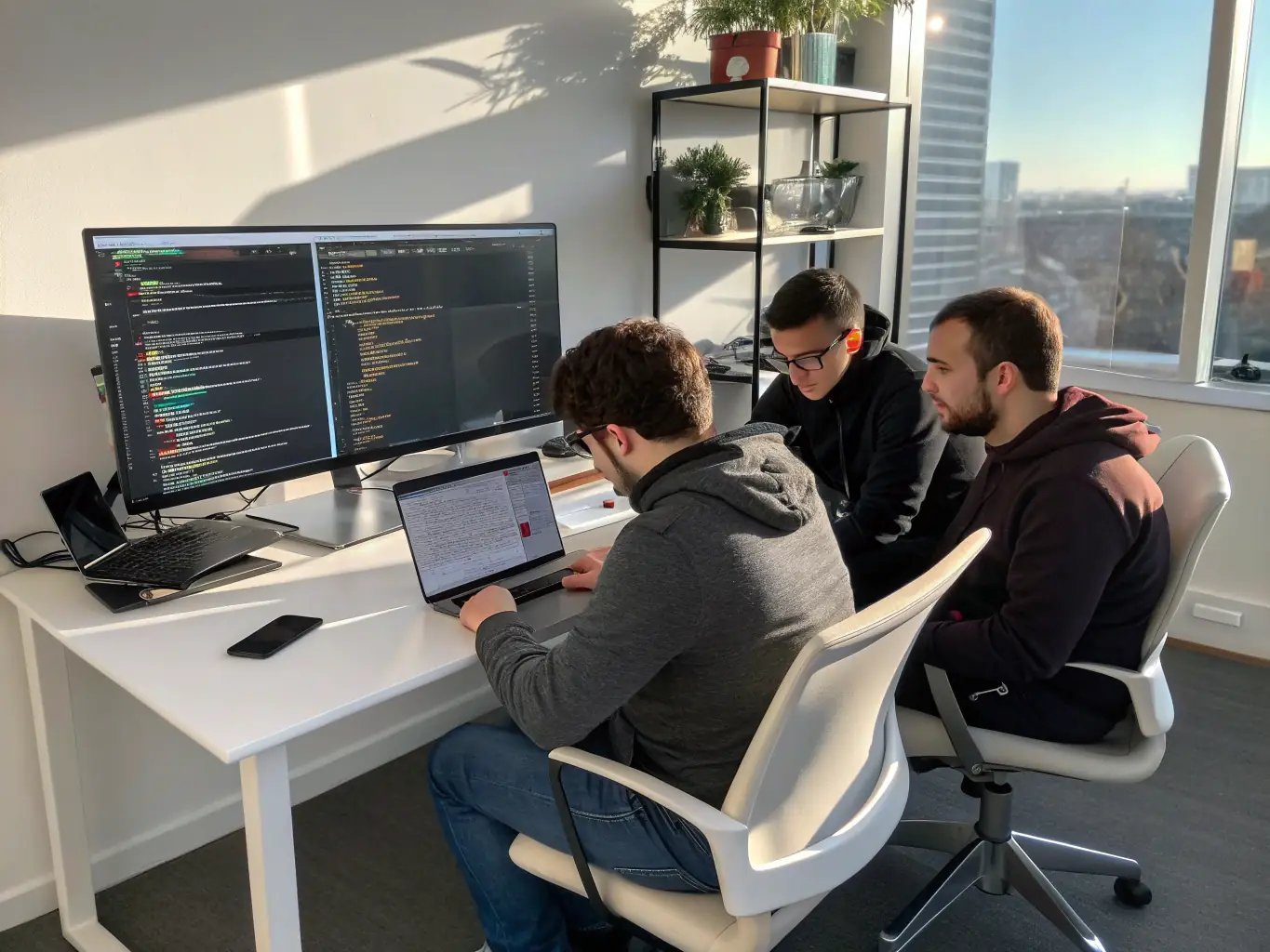 An image showcasing a team of developers collaborating over code on multiple screens, emphasizing innovation and teamwork, representing Magnus International Group's custom software development expertise.