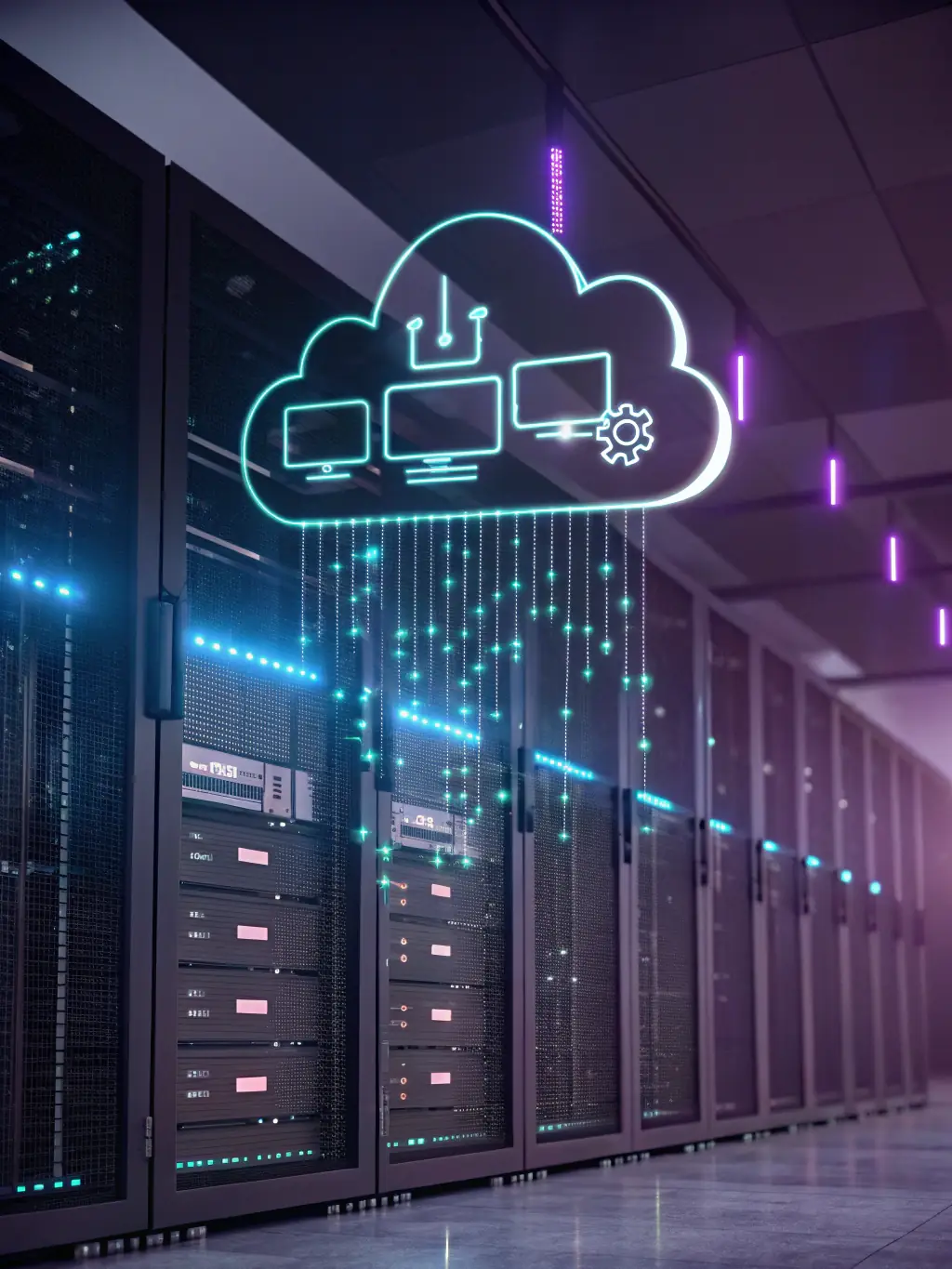An image of cloud infrastructure with interconnected servers and security icons, illustrating Magnus International Group's cloud integration and migration services.