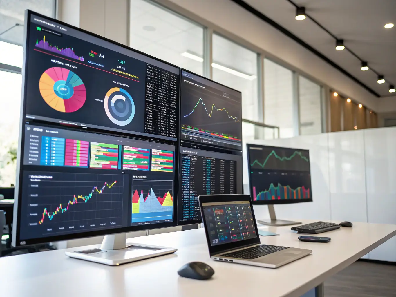An image of data charts, AI neural networks, and analytics dashboards on screens, representing Magnus International Group's AI and data analytics solutions.