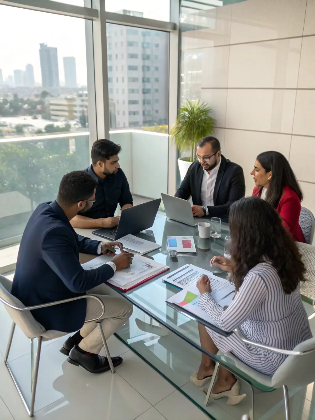A diverse team of IT consultants brainstorming innovative solutions in a modern office setting, reflecting Magnus International Group's collaborative approach.